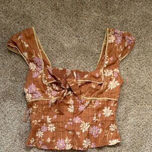 Free People Rust Floral Tie-Front Square Neck Top with Cream & Lavender Flowers